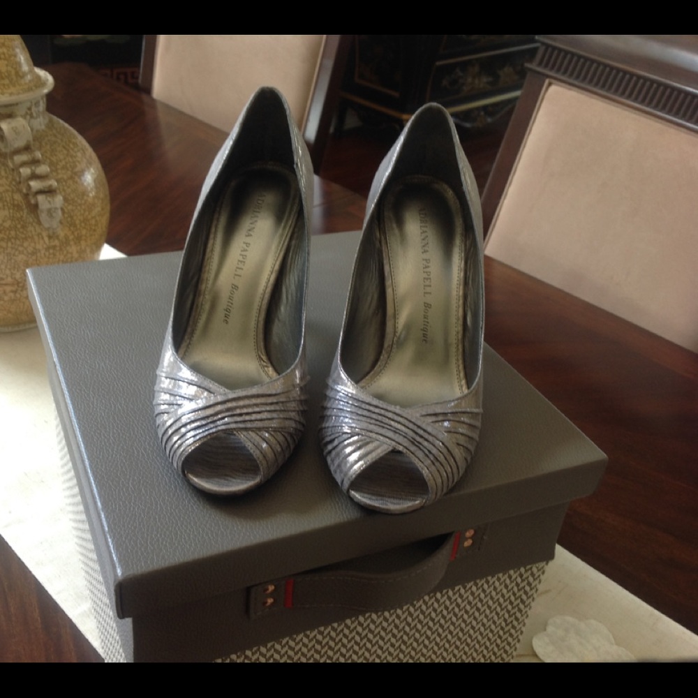 Adrianna Papell Silver Metallic Open Toe Pumps